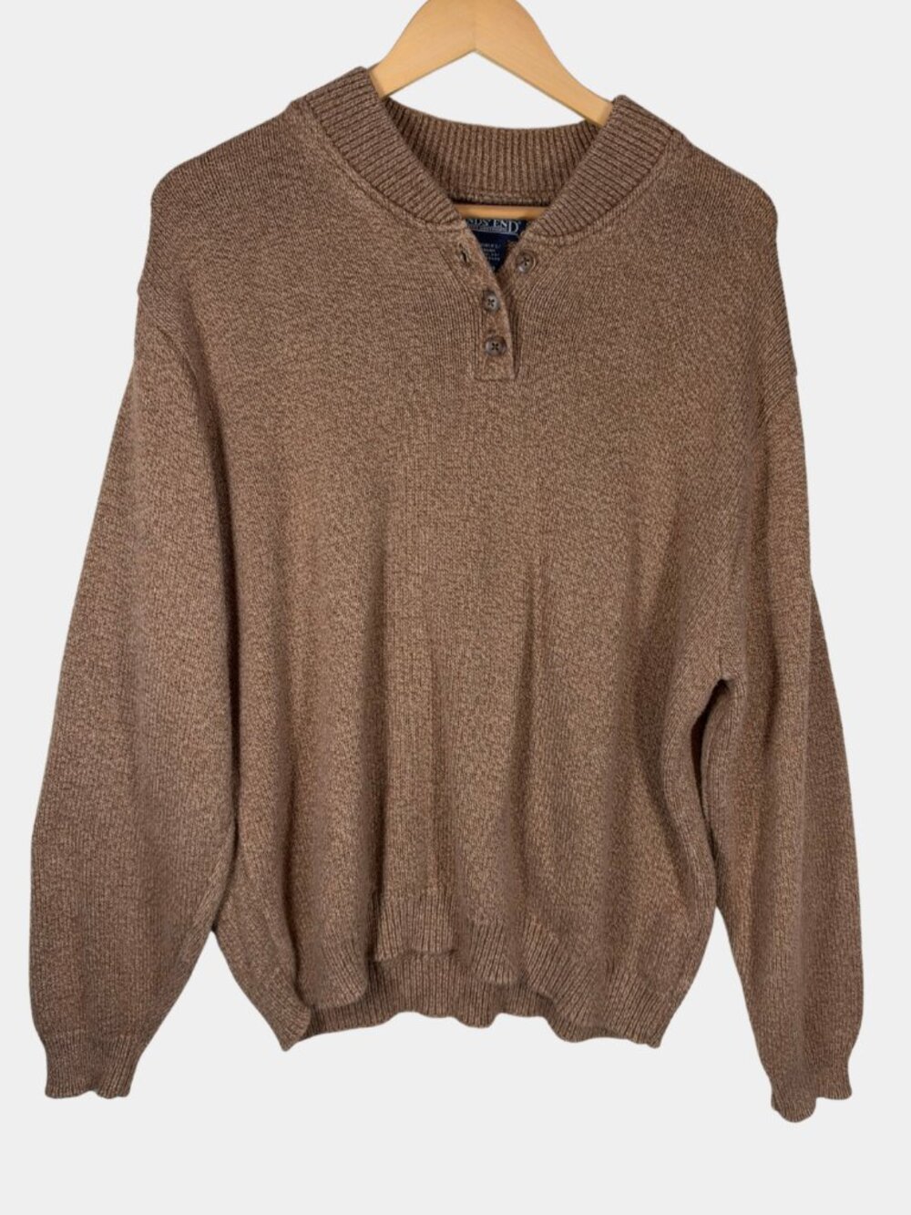 Vintage 90s Lands End Henley Sweater XL Brown Marled Cotton Made USA Grandpacore
